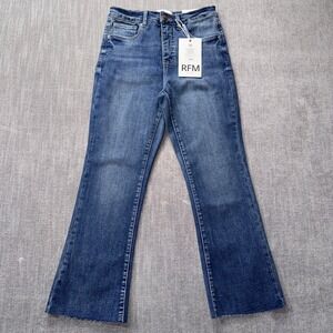 RFM Women's High Rise Flare Jeans Medium Wash Distressed Raw Hem Size 28